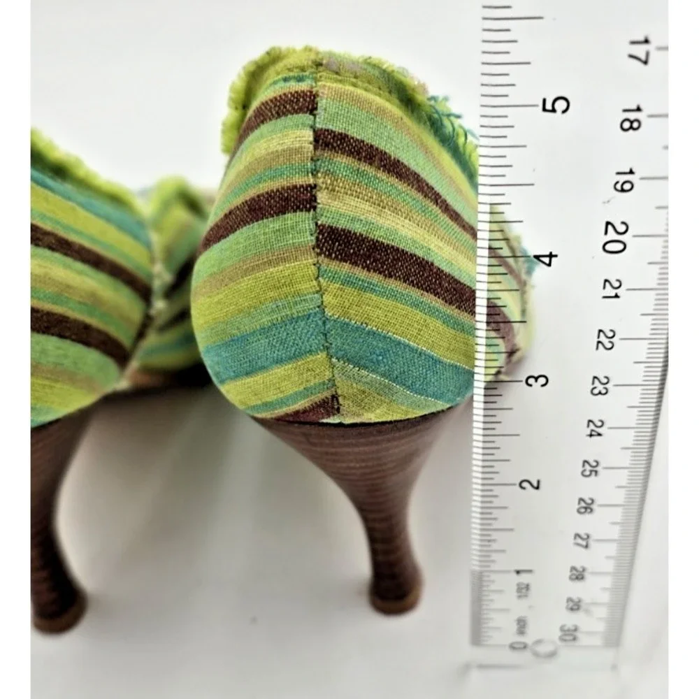Ginger Goff Peep Toe Heels 7 Women's‎ Green Striped Frayed Wooden 3